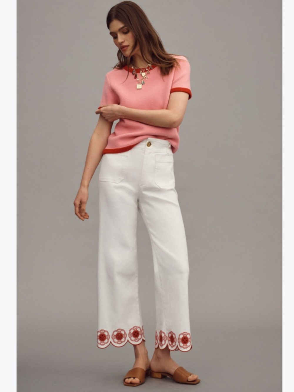 Anthropologie Maeve Jeans Colette Cropped Wide Leg Red Scallop Hem in White
